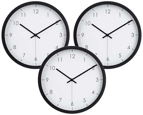 Image of Amazon Basics Classic 12 inch, Easy to Read, Silent Non Ticking, Battery Operated, Round Wall Clock, Black (Pack of 3)