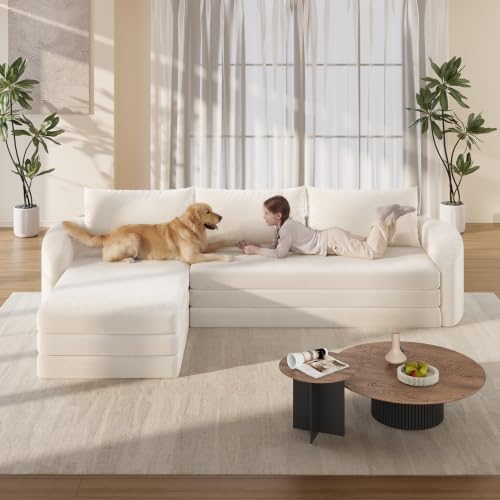 Image of Vesgantti 6 in 1 Convertible Folding Sleeper Sofa Bed, No Assembly, Beige | 110.2 inch L Shaped Modular Sectional Sofa, Curved Armrest, Deep Seat Boneless Couches for Living Room, Chenille, Left Facing