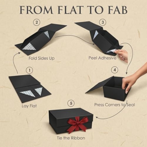 Image of Awestuffs Premium Black Gift Box with Red Ribbon, Reusable Gift Packaging Box (26 x 26 x 11 cm) for Gift Hampers, Weddings, Birthdays, Anniversaries, Festivals & Corporate Gifting (Set of 1)