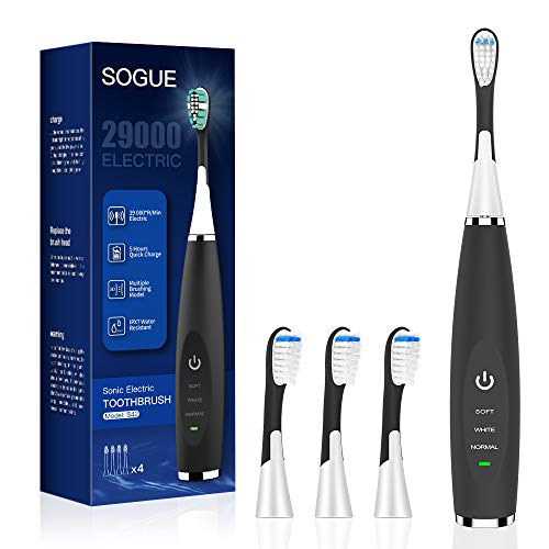 Sogue Sonic S42 for Kids Rechargeable Soft Electric toothbrsh, 4 Heads Smart Timer Use for 40 Days Black