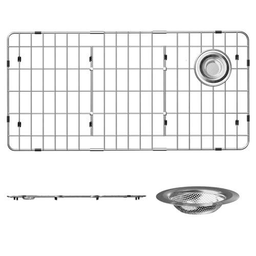 SANNO Sink Protectors and Bottom Grid for Kitchen,Sink Grate Rack Side Drain Hole,Stainless Steel, 28-1/4"L x 14-1/4"W