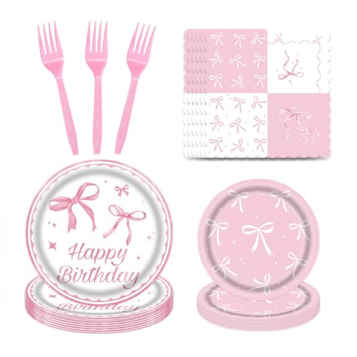 50 Pcs Pink Bow Birthday Decorations Plates, Napkins and Tableware