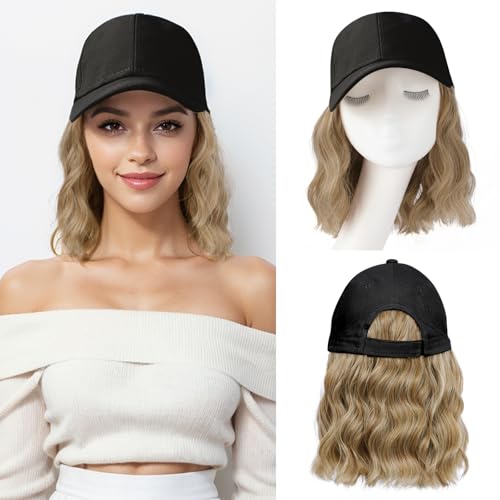 Hat Wigs for Women Baseball Cap with Hair Extensions Short Wave Synthetic baseball Cap Wig for Women Adjustable Hat with Hair Attached for Daily Use(14inch)