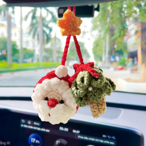 96CRVFT Cute Crochet Pine Tree Santa Claus Christmas Hanging Plant for Car Accessories, Xmas Decor Rear View Mirror Hanging Ornament for Women and Men, Handmade Cute Car Decor Accessories Gift.