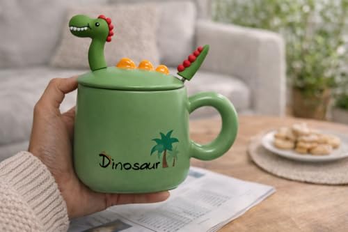 Image of Coffee Mug, Gift for Woman, Birthday Present for Girlfriend, Present for Wife Birthday, Mugs for Present, Holi Gifts, Panda Mug with Lid & Spoon (Dinosaur Green)
