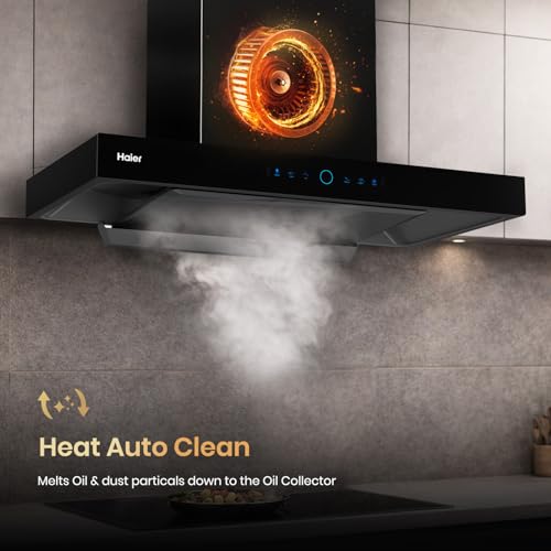Image of Haier 90cm 2000 m3 /hr AI Smart T-Shape Chimney | Powerful 300W Motor & Digital Display | Easy Clean Pyramid Filter | 10 Yr Motor & 4 Yr Product Warranty | Free Installation & Pipe | Black | HIH-T5905