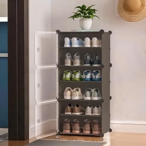 Image of Zemic DIY Portable Shoe Rack for Home Plastic Shelves Household, Shelf Shoe Rack with Dustproof Door for Heels /Slippers /Boots for Entryway or Bedroom (Grey, 6-Shelf-3-Door)