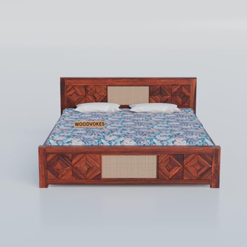 Image of Sheesham Wood 1 Bed Without Storage Solid Wooden Cot Bed Elegant and Functional Bedroom Living Room Home (Honey Finish 2 Can, Queen)