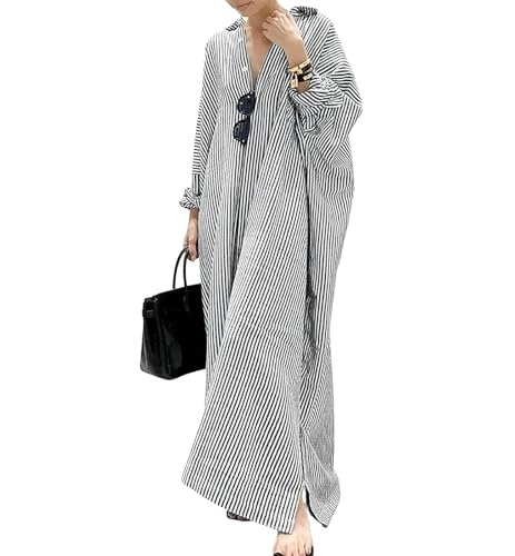 Image of ebossy Women's Casual Stripes Buttoned Long Sleeve Oversized Loose Fit Maxi Shirt Dress Plus Size