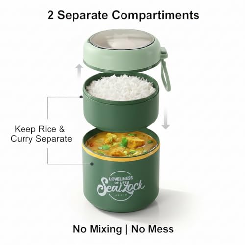 Image of 780ml Stainless Steel Lunch Box with Spoon, Handle, Leak Proof Small Container for Snack, Diet & Prep Food, Stackable Stainless Steel 2 Tier Men's Lunchbox for Work (Green)