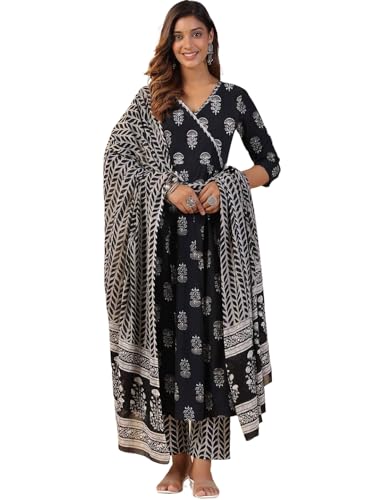 Image of Tee Projekt Women's Cotton Blend V-Neck Anarkali Kurta Pant with Dupatta Set