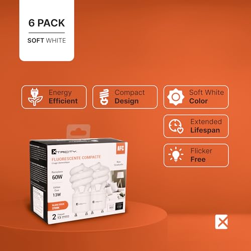 Image of Xtricity Compact Fluorescent GU24 2 Prong Light Bulb Base, T2 Mini Spiral, 13W (60 Watt Equivalent), 2700k Soft White, 900 Lumens, CFL, 120V, UL Listed (6 Pack)