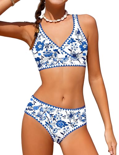 Image of KANGKANG Girls Swimsuit Bikini Set Solid Color V-Neck Two Piece Bathing Suit with Chest Pad Adjustable Straps Swimwear 7-16T