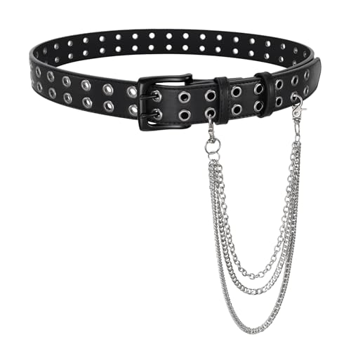 BELTROAD Double Grommet Studded Belt with Detachable Chain Goth Belt for Men Women Punk Rock Metal for Jeans Pants