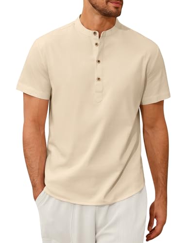 Vijamiy Camiseta Lino Hombre Camisas Manga Corta Verano Casual Camisas Elegante Algodón con Botónes Shirt Regular Fit(Beige,XL)