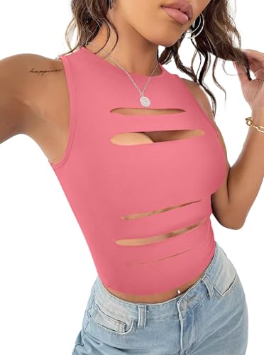 Image of LovelyWholesale Women Sexy Cut Out Crop Tank Tops Crew Neck Summer Sleeveless Top