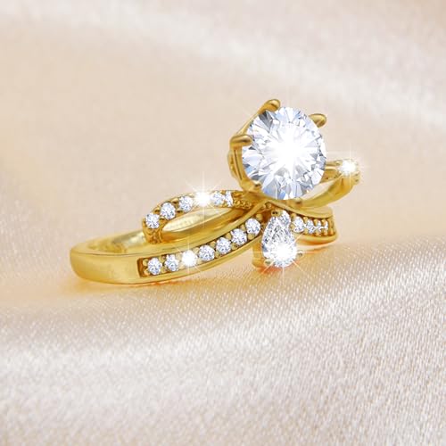 14K Yellow Gold Plated Bow Engagement Ring Promise Ring Wedding Ring Band for Women AAAAA+ Cubic Zirconia Bow Ring Eternity Bands Size 6-94