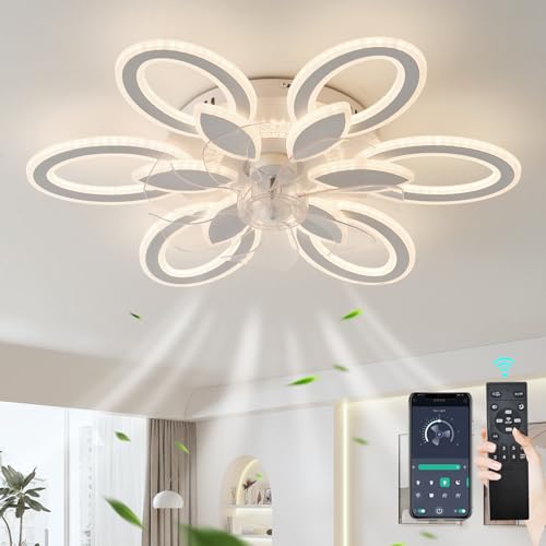 LED Ventola Lampadario Silenzioso Reversibile 6 Velocità Plafoniera Con Ventilatore Integrato , Dimmerabile Timer Ventilatore Da Soffitto Con Luce E Telecomando Per Camera Da Letto Soggiorno, Bianco