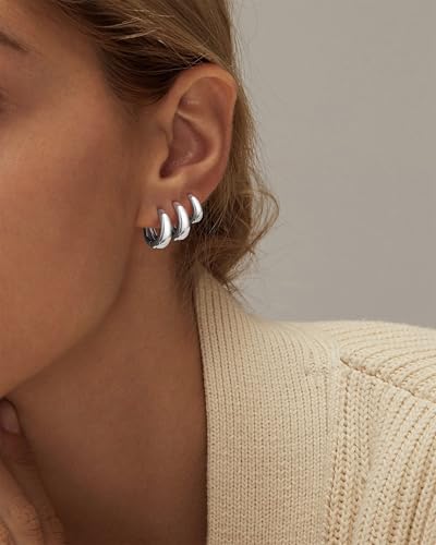 Foxgirl 4 Pairs Chunky Small Huggie Hoop Earrings for Women - Dainty 14K Gold/Sterling Silver Plated Hypoallergenic Lightweight Stack Earring Sets for Multiple Piercing Trendy Jewelry4