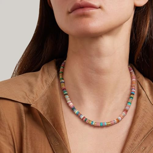 KissYan Boho Beaded Choker Necklace for Women, Gemstone Choker Natural Stone Freshwater Pearl Surfer Necklaces 14K Gold Plated Summer Beach Handmade Jewelry2