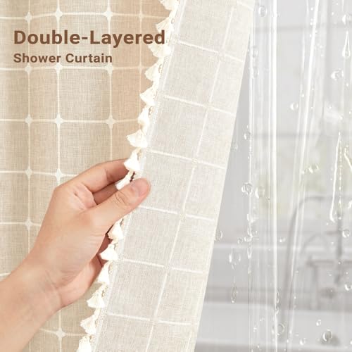 Image of BTTN 3 in 1 Shower Curtain with PEVA Liner, 72x84 Long Boho Linen Fabric Shower Curtain Set with Plastic Hook, Tall Farmhouse Bohemian Cute Waterproof Cloth Shower Curtain for Bathroom, Cream /Beige
