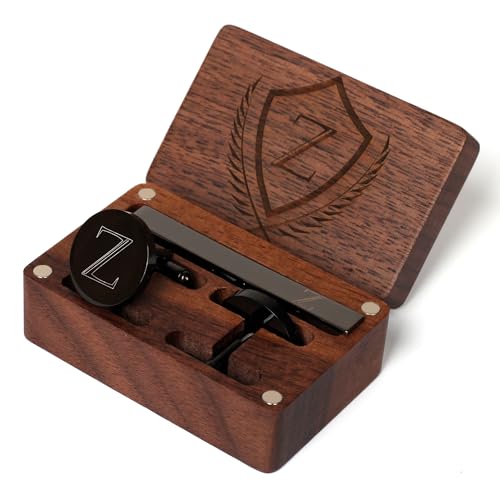 Image of Mens Initial Cufflinks and Tie Clip A-Z Alphabet Letter Black Stainless Cuff Links Tie Bar with Engraved Walnut Wood Box Groom Groomsman Wedding Set