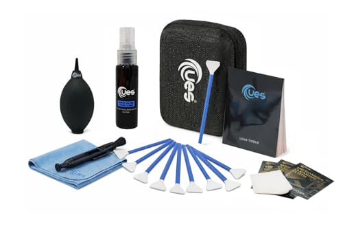 UES Professional Camera Cleaning Kit with Hard Travel Case - DSLR & Mirrorless Maintenance Bundle: 2-in-1 Lens & Sensor Cleaner, Air Blower, Pen, Microfiber Screen Cloths & 10 Full-Frame 24mm Swabs