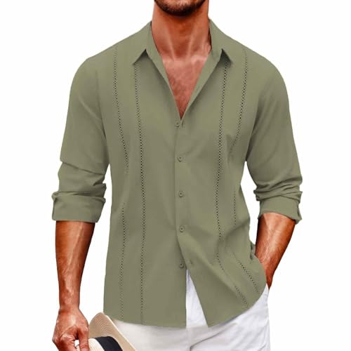 Camisa guayabera cubana para hombre, manga larga con botones, tela ligera a rayas, ajuste holgado, camiseta de trabajo casual perfecta para días de playa de verano, C, S