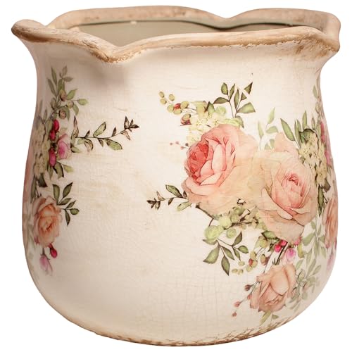 Ceramic Flower Vase, Rustic Farmhouse Pots with Drainage, Pink Rose Floral