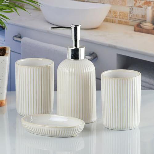 Image of SaSaSa Ceramic Bathroom Accessories Set of 4 Modern Bath Set with Soap Dispenser & Toothbrush Holder, Luxury Home & Gift Idea, Beige (8229)