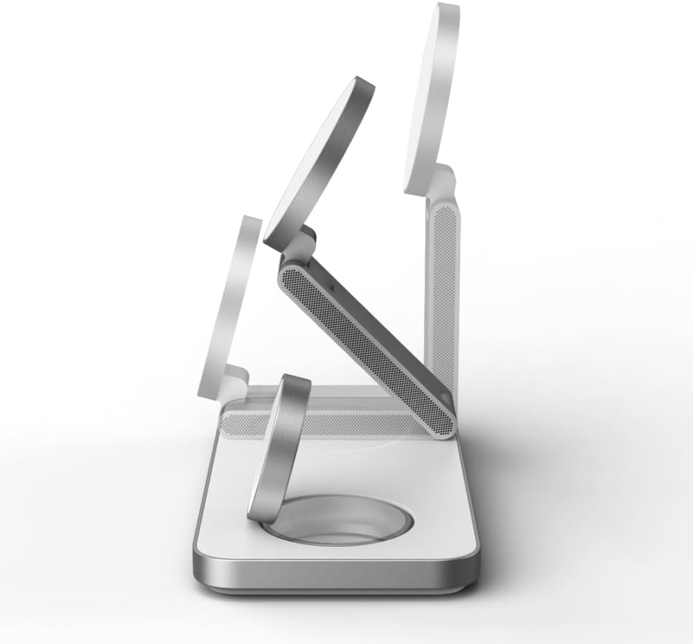 POUT Hands 7 3-in-1 Foldable 15W Wireless Charging Stand, Adjustable Angles, Compatible with MagSafe, for iPhone 12–17 Series, AirPods Pro/4/3, Apple Watch Ultra/SE/Series – Platinum White