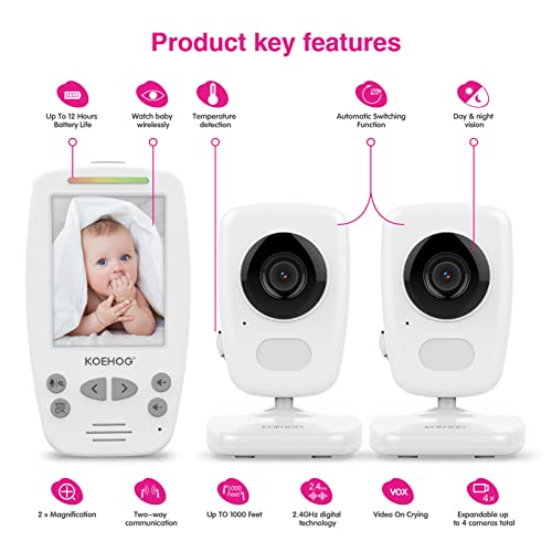 Axvue Video Baby Monitor, Slim Handheld, Non-Slip Design, 2.8" Vertical Screen Monitor & 2 Camera, Range Up To 1000Ft, 18 Hour Battery Life, 2-Way Talk, Night Vision, Temperature Monitor, No Wifi. #TOP1
