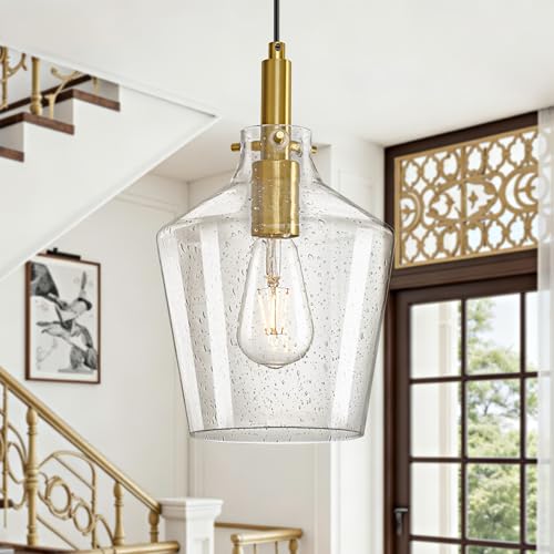 Image of Seeded Glass Pendant Lighting for Kitchen Island Foyer 1 Pack Gold 8 Inch