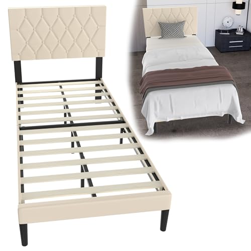 Suusolny Cama tapizada con cabecero de piel y somier, cama individual, doble, fácil montaje, con herramientas de instalación, marco de cama de hasta 300 kg, color beige, 90 x 200 cm