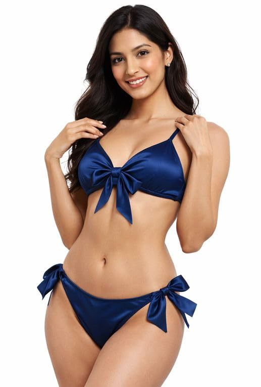 Women Solid Bikini Set Tie Knot Front Top Adjustable Strap Side Tie Bottom Two Piece Swimwear Beachwear for Women-image-0