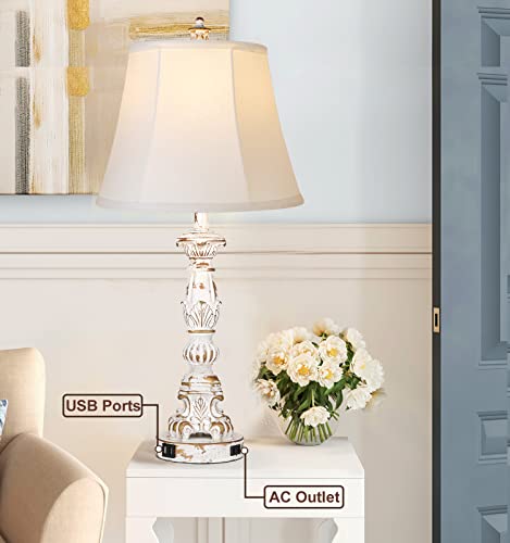Table Lamps For Living Room Set Of 2, 27.5" H Tall Touch Lamps For Bedrooms, Bedside Lamp With Usb And Ac Outlet, Farmhouse Lamp With Bell Shade, Washed White Candlestick Nightstand Lamp With Bulbs #TOP4