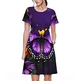 Falda retro con estampado de mariposas y flores moradas para mujer, vestido de cóctel de manga corta, con bolsillos, para vacaciones casuales, Negro, L