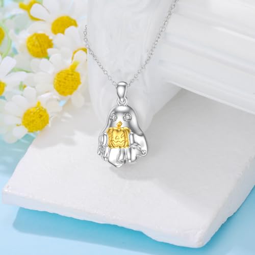 Diamond Ghost Necklace for Women 925 Sterling Silver Pumpkin Ghost Pendant Necklace with Lab Grown Diamond Delicate Jewelry Halloween Gifts for Ladies3