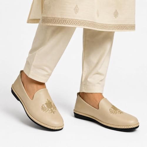 Image of Punjabi Mojaris Mens Shoes Cream Wedding for Groom,Traditional Indian Footwear Ethnic Peshawari Slippers