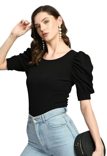 Image of IUGA Plain Round Neck Cotton Knit Regular Top for Women (115 Black)