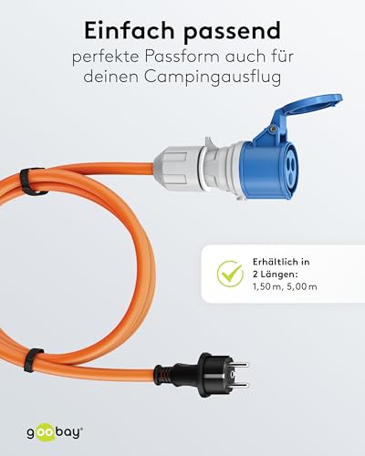 goobay CEE-Adapterkabel für Wohnwagen, 5 m, Schutzkontakt auf CEE-Buchse mit Verschlusskappe, IP44, Kabel für Camping, Wohnmobil und Wohnwagen, 76219