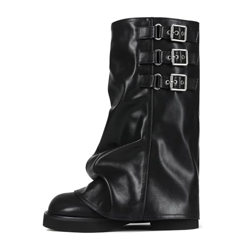 Mid Calf Slouchy Boots for Women Square Toe Fold Over Motorcycle Riding Boots With Buckle Wide Calf Casual Comfortable Moto Biker Shoes