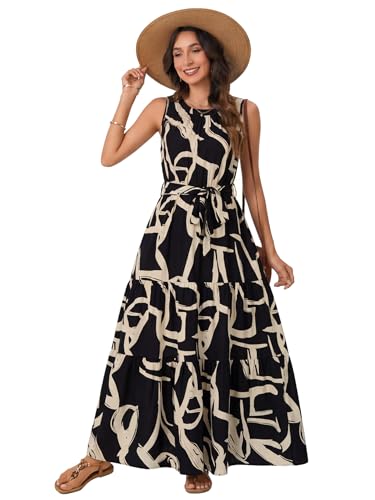 Image of Rooscier Women's Sleeveless Boho Maxi Dress | Halter Neck Print Tiered A Line Beach Dresses