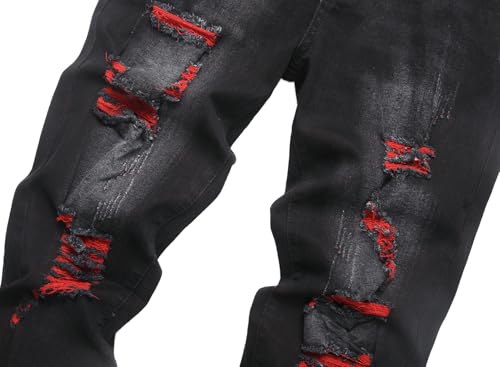 MXCVYCC Jeans for Men Ripped Slim Fit Distressed Denim Pants with Red Patch Design, Straight Leg Regular Casual Streetwear(Black red jeans-36) by MXCVYCC - Used condition - Image 3