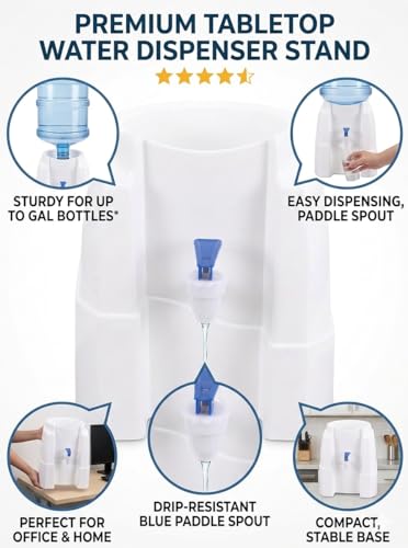 Image of Tabletop Water Dispenser Stand - Durable Countertop Water Purifier Jar Support with Drip-Resistant Paddle Spout - Universal Fit for 20L Water Cans - Compact Design for Home & Office (White)