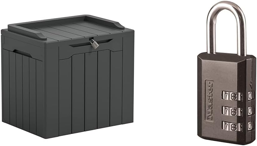 Greesum 31 Gallon Dark Grey Resin Deck Box for Patio Furniture Storage and Master Lock 1 Black Combination Padlock