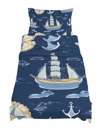 Twin XL Size Fitted Sheet Set,Modern Marine Sailing Boat Clock Deep Pocket Bed Sheet Fits Mattress Up to 16",Soft Bottom Sheets with Pillowcases and Flat Sheet,Nautical Anchor Navy Blue for Bedroom