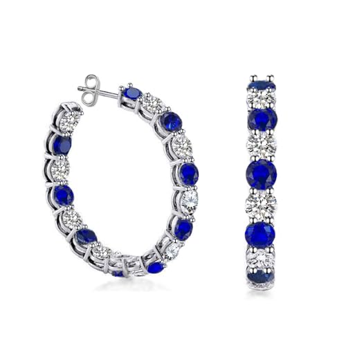 Savlano 14K Gold Plated White & Blue Cubic Zirconia Inside Out Round Cut Hoop Stud Earrings for Women Comes with a Gift Box