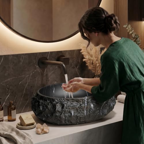 Image of BASSINO 20x15x6 Inches Artificial Stone Table Top Washbasin /Black Marble Stone Texture Luxury Countertop Sink /Modern Rock Finish Wash Basin for Home-Hotel /Designer Oval Shape Basin for Bathroom(Matte)