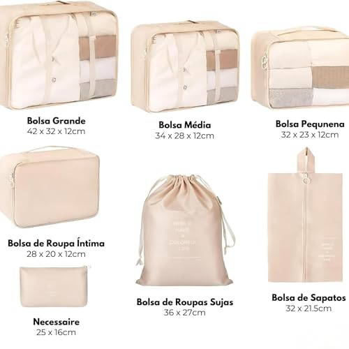 Kit 7 Organizadores de Mala, Bolsa Organizadora Viagem, Necessaire Mala, Organizador Bagagem (Preto)